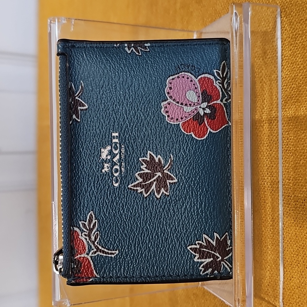 COACH Mini Skinny ID Case Signature Leather Teal Wildflower Print Keychain